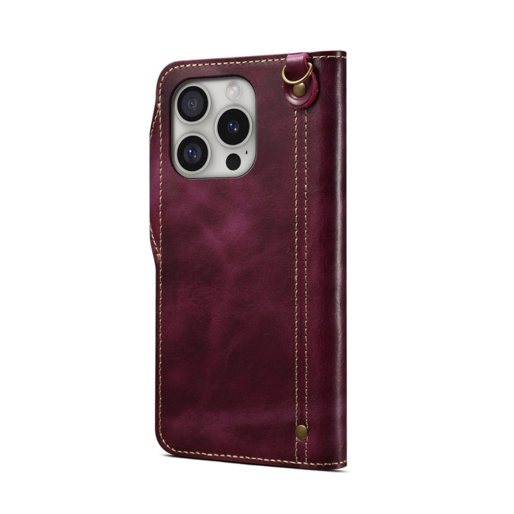 For iPhone 16 Pro Max Denior B01 Oil Wax Cowhide Magnetic Button Genuine Leather Case