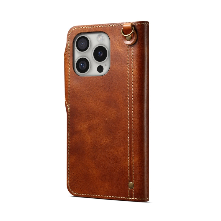 For iPhone 16 Pro Max Denior B01 Oil Wax Cowhide Magnetic Button Genuine Leather Case