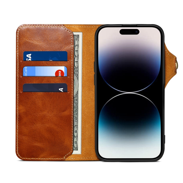 For iPhone 16 Pro Max Denior B01 Oil Wax Cowhide Magnetic Button Genuine Leather Case