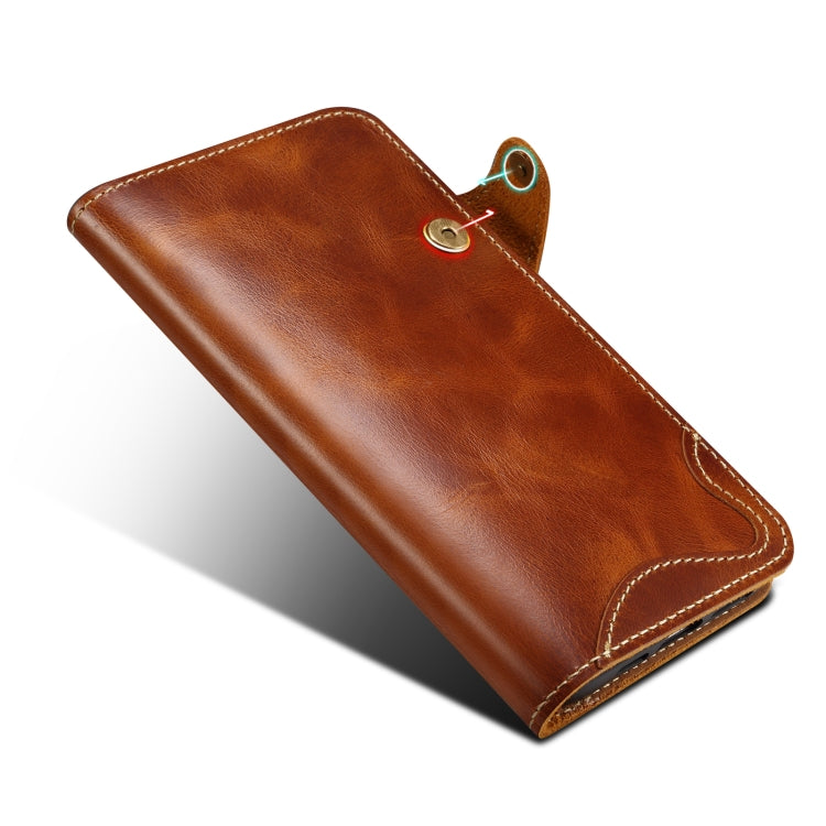 For iPhone 16 Pro Max Denior B01 Oil Wax Cowhide Magnetic Button Genuine Leather Case