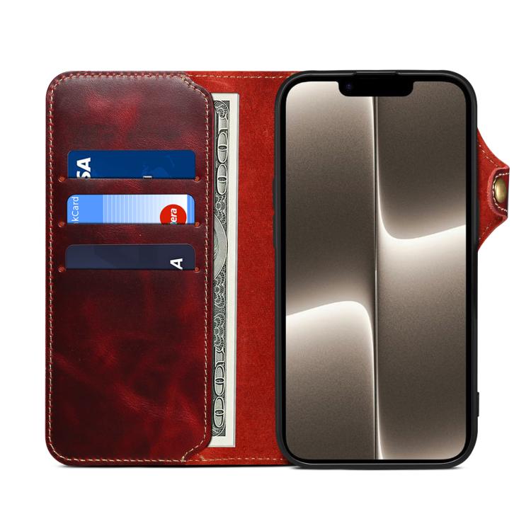 For iPhone 17e / 16e Denior B01 Oil Wax Cowhide Magnetic Button Genuine Leather Case