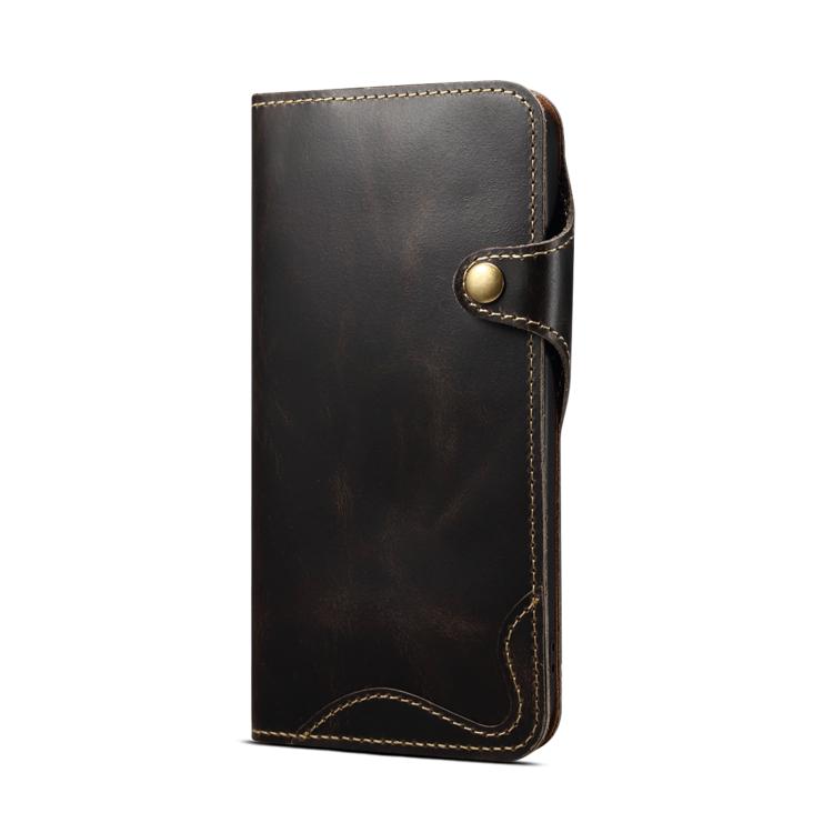 For iPhone 17e / 16e Denior B01 Oil Wax Cowhide Magnetic Button Genuine Leather Case