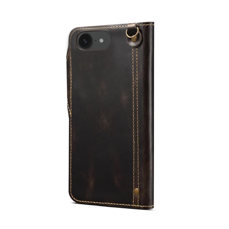 For iPhone 17e / 16e Denior B01 Oil Wax Cowhide Magnetic Button Genuine Leather Case