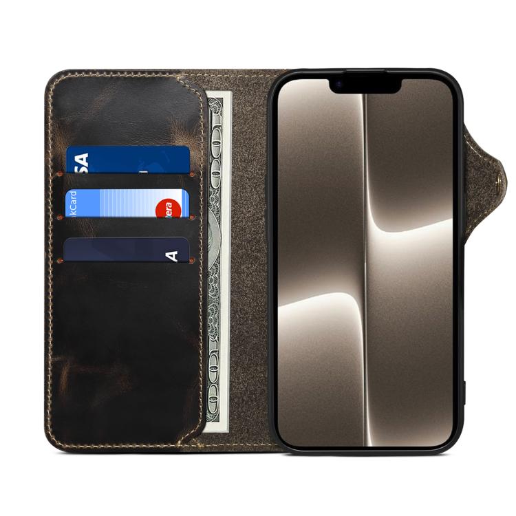 For iPhone 17e / 16e Denior B01 Oil Wax Cowhide Magnetic Button Genuine Leather Case