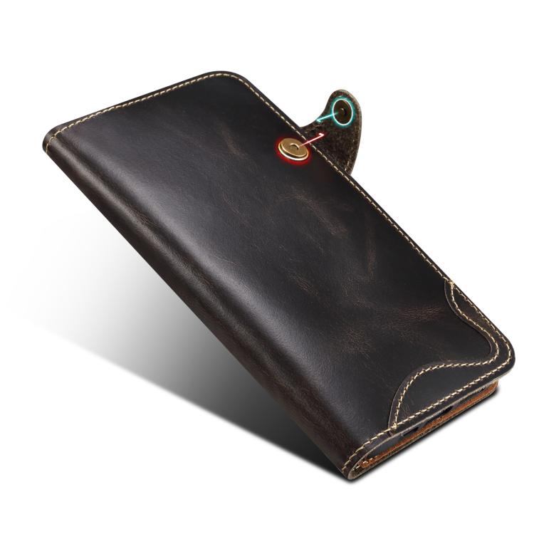 For iPhone 17e / 16e Denior B01 Oil Wax Cowhide Magnetic Button Genuine Leather Case