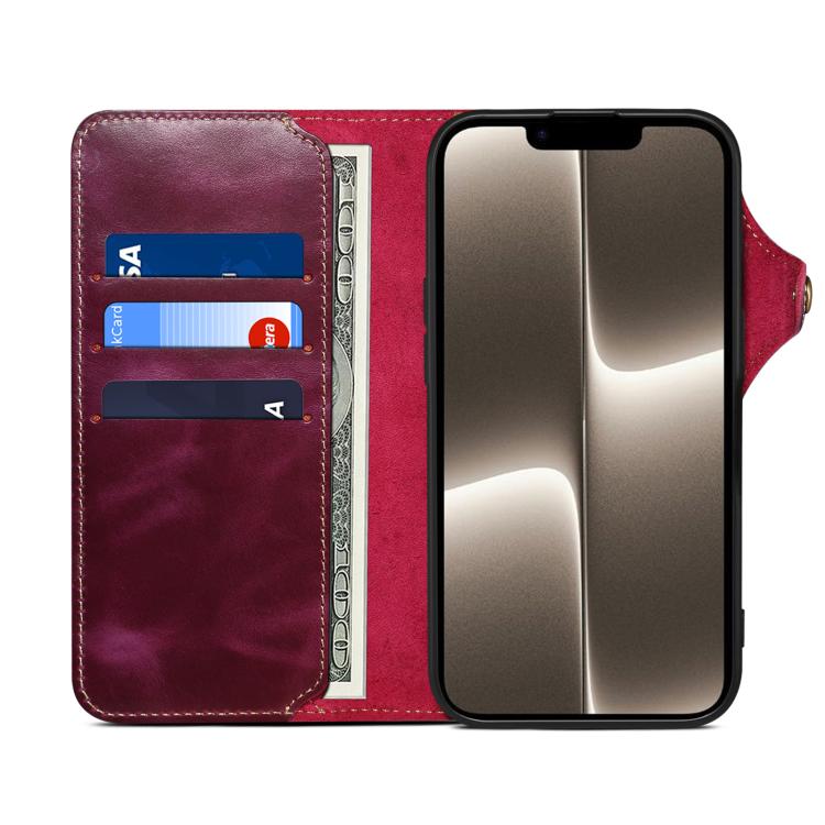 For iPhone 17e / 16e Denior B01 Oil Wax Cowhide Magnetic Button Genuine Leather Case