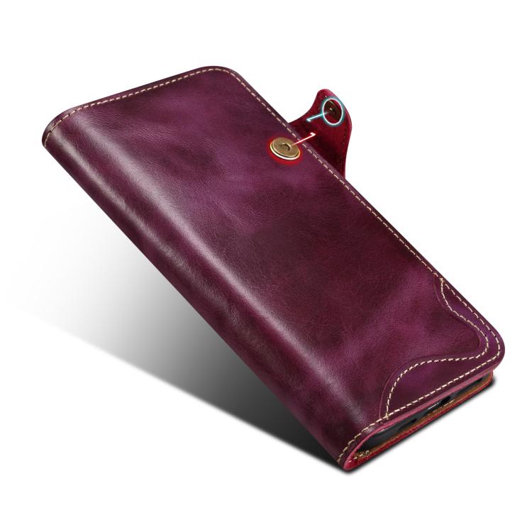 For iPhone 17e / 16e Denior B01 Oil Wax Cowhide Magnetic Button Genuine Leather Case