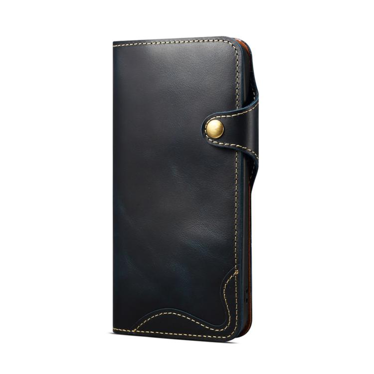 For iPhone 17e / 16e Denior B01 Oil Wax Cowhide Magnetic Button Genuine Leather Case