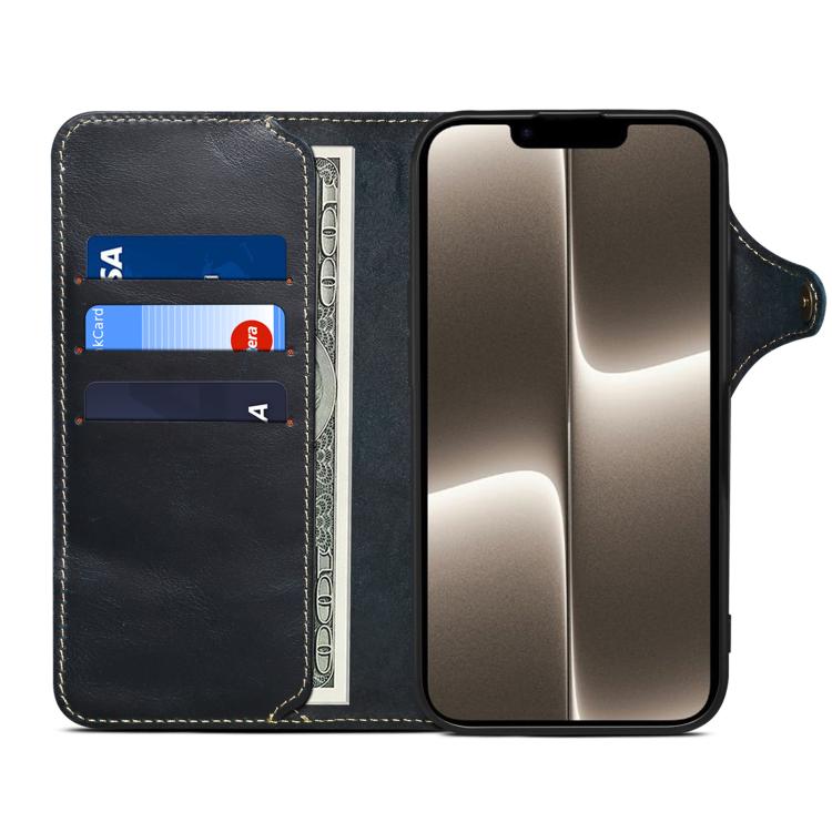 For iPhone 17e / 16e Denior B01 Oil Wax Cowhide Magnetic Button Genuine Leather Case