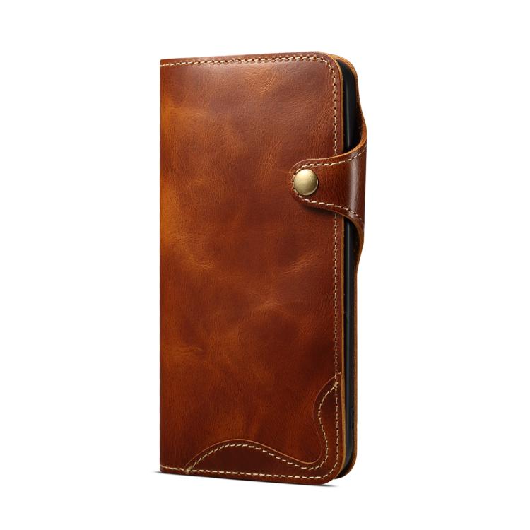 For iPhone 17e / 16e Denior B01 Oil Wax Cowhide Magnetic Button Genuine Leather Case