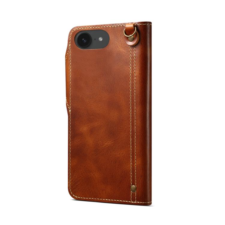 For iPhone 17e / 16e Denior B01 Oil Wax Cowhide Magnetic Button Genuine Leather Case