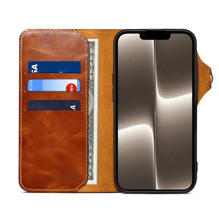 For iPhone 17e / 16e Denior B01 Oil Wax Cowhide Magnetic Button Genuine Leather Case