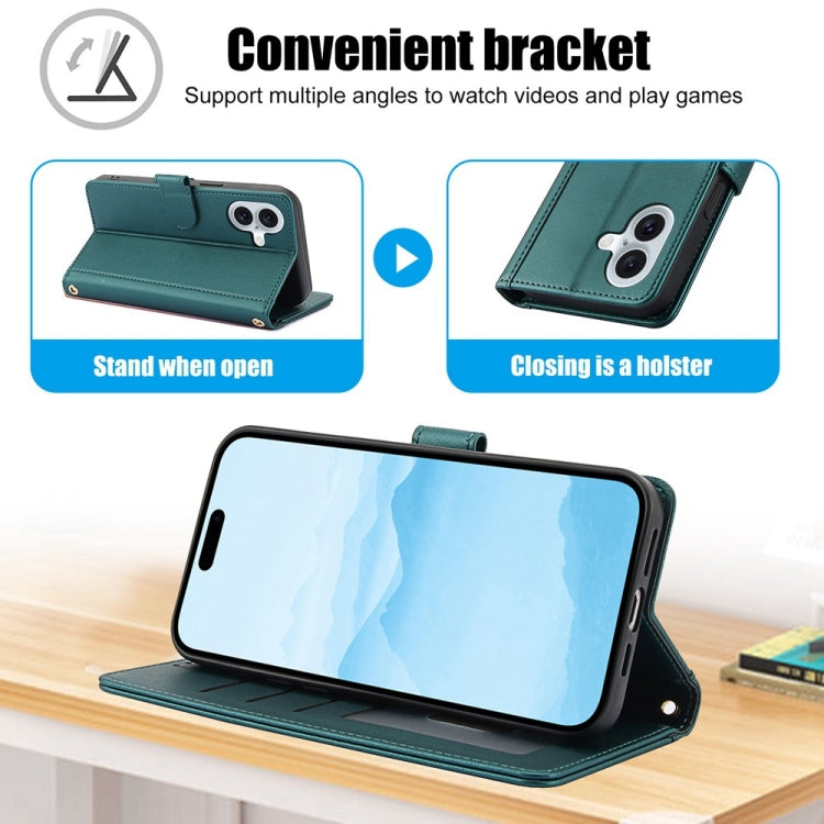 For iPhone 16 Plus Skin Feel Pure Color Card Slots Leather Phone Case with Dual Lanyard