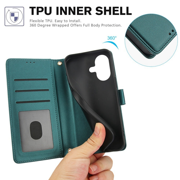 For iPhone 16 Plus Skin Feel Pure Color Card Slots Leather Phone Case with Dual Lanyard