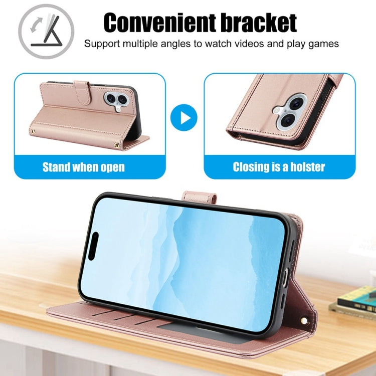 For iPhone 16 Plus Skin Feel Pure Color Card Slots Leather Phone Case with Dual Lanyard