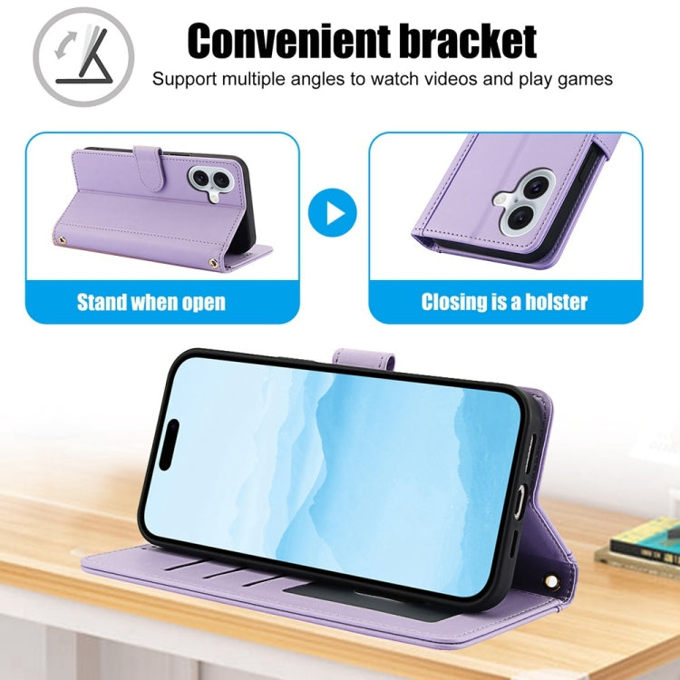 For iPhone 16 Plus Skin Feel Pure Color Card Slots Leather Phone Case with Dual Lanyard