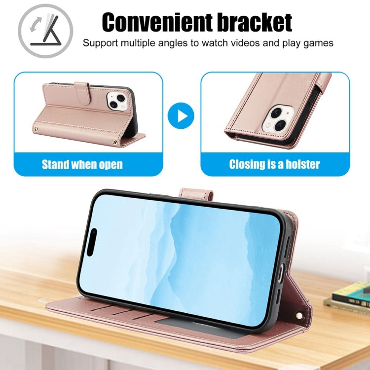 For iPhone 14 Plus Skin Feel Pure Color Card Slots Leather Phone Case with Dual Lanyard
