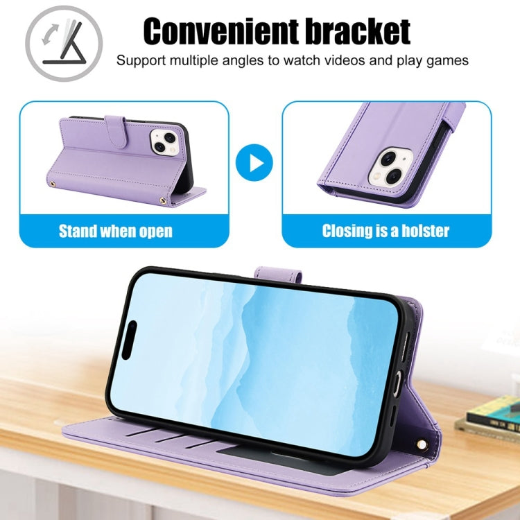 For iPhone 14 Plus Skin Feel Pure Color Card Slots Leather Phone Case with Dual Lanyard