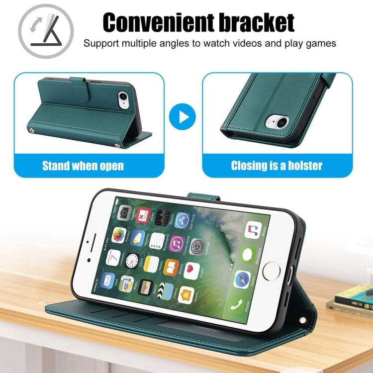 For iPhone 8 / 7 / SE 2022 / SE 2020 Skin Feel Pure Color Card Slots Leather Phone Case with Dual Lanyard