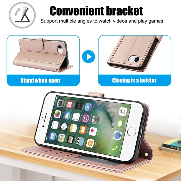 For iPhone 8 / 7 / SE 2022 / SE 2020 Skin Feel Pure Color Card Slots Leather Phone Case with Dual Lanyard