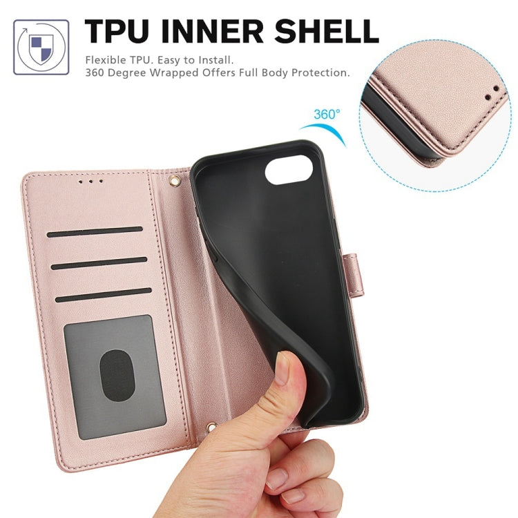 For iPhone 8 / 7 / SE 2022 / SE 2020 Skin Feel Pure Color Card Slots Leather Phone Case with Dual Lanyard