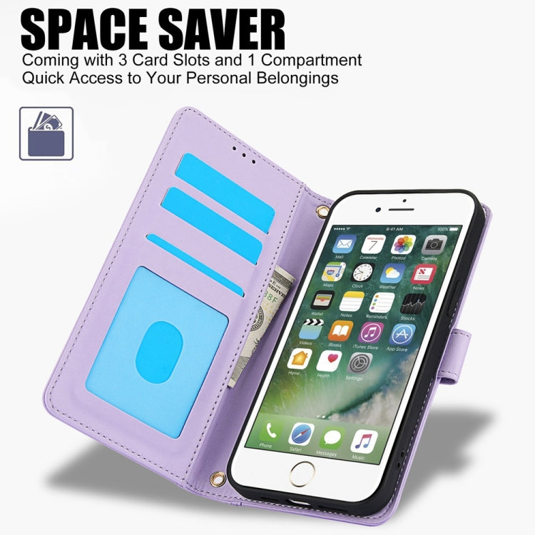 For iPhone 8 / 7 / SE 2022 / SE 2020 Skin Feel Pure Color Card Slots Leather Phone Case with Dual Lanyard