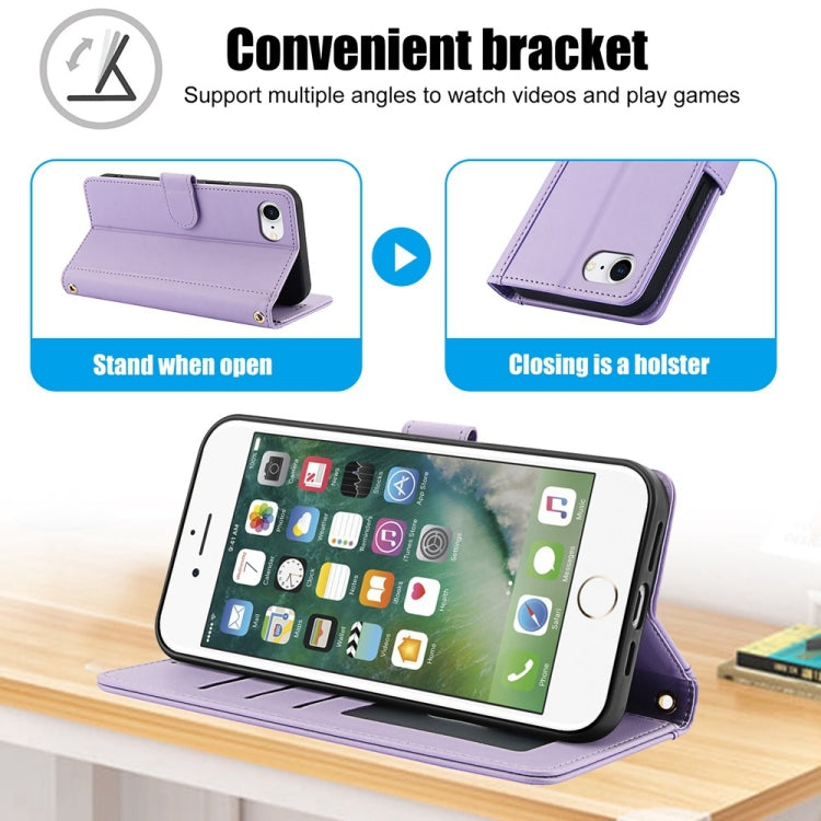 For iPhone 8 / 7 / SE 2022 / SE 2020 Skin Feel Pure Color Card Slots Leather Phone Case with Dual Lanyard