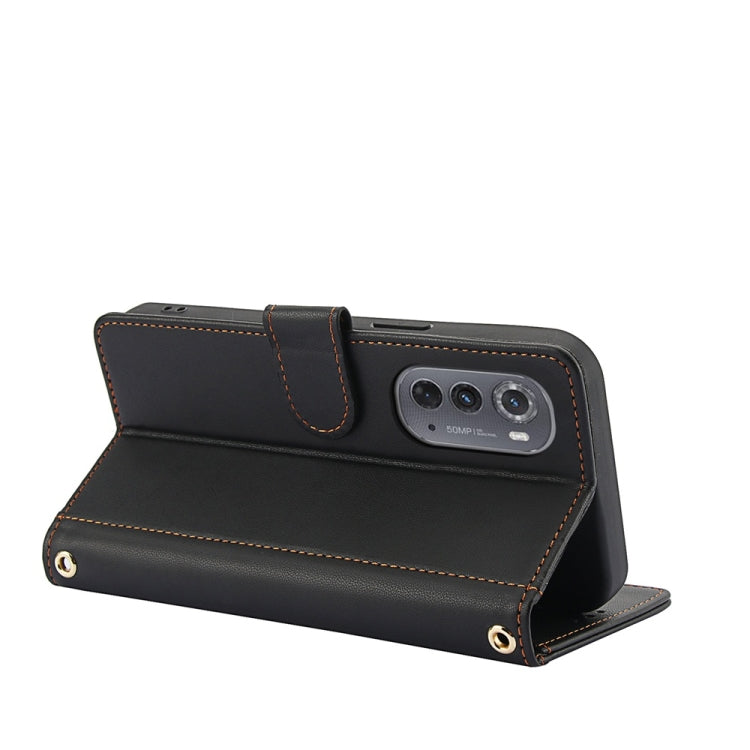 For Motorola Edge 2022 Skin Feel Pure Color Card Slots Leather Phone Case with Dual Lanyard