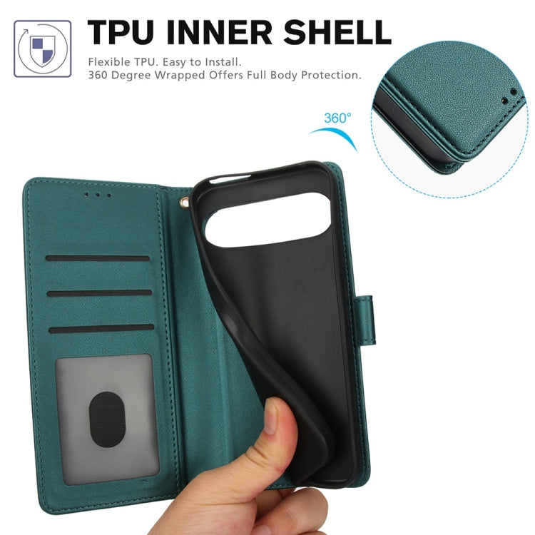 For Google Pixel 9 Pro XL Skin Feel Pure Color Card Slots Leather Phone Case with Dual Lanyard