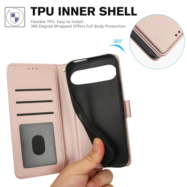 For Google Pixel 9 / 9 Pro Skin Feel Pure Color Card Slots Leather Phone Case with Dual Lanyard