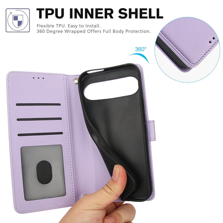 For Google Pixel 9 / 9 Pro Skin Feel Pure Color Card Slots Leather Phone Case with Dual Lanyard