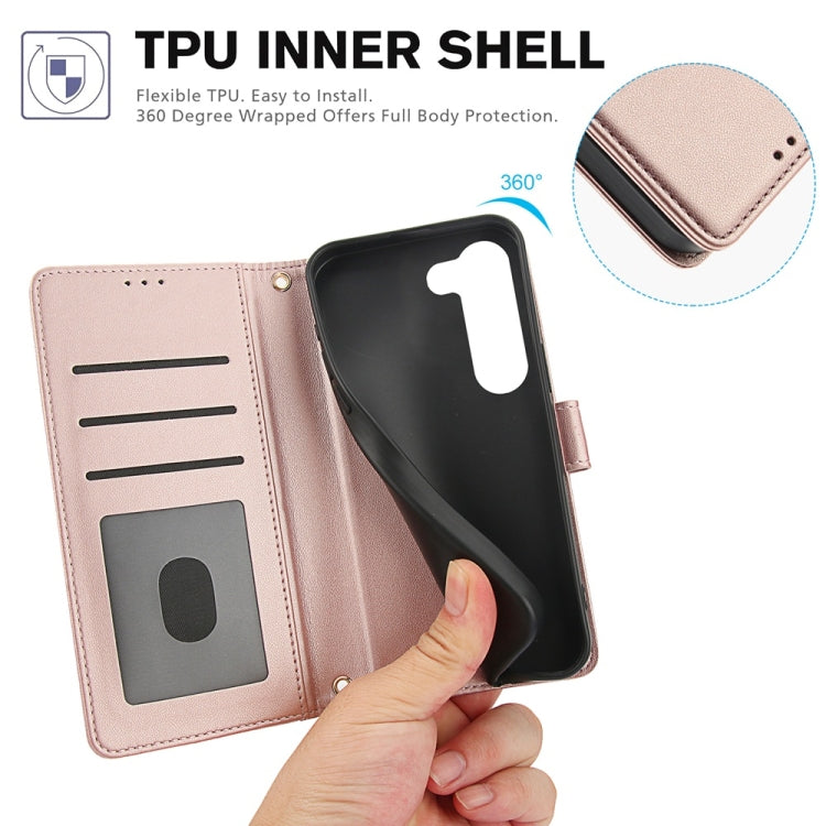 For Samsung Galaxy S23+ 5G Skin Feel Pure Color Card Slots Leather Phone Case with Dual Lanyard