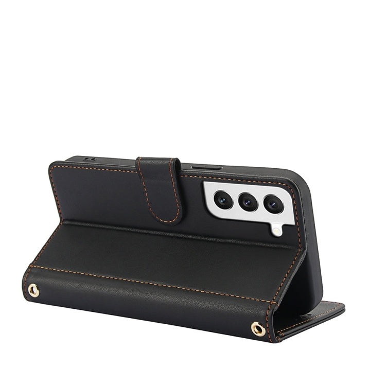 For Samsung Galaxy S22+ 5G Skin Feel Pure Color Card Slots Leather Phone Case with Dual Lanyard