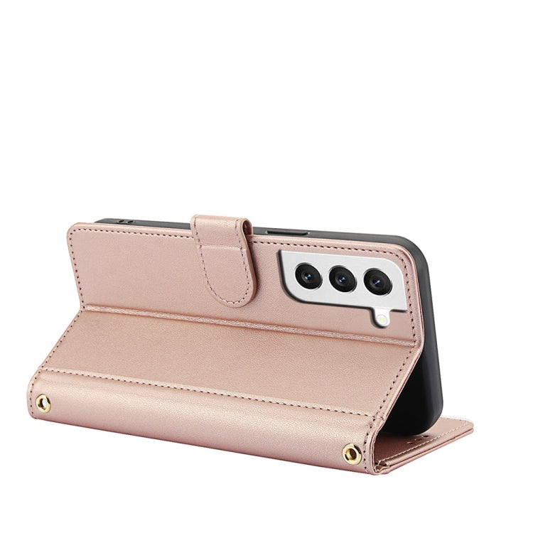 For Samsung Galaxy S22+ 5G Skin Feel Pure Color Card Slots Leather Phone Case with Dual Lanyard