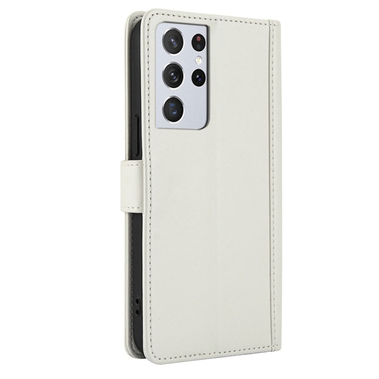 For Samsung Galaxy S21 Ultra 5G Skin Feel Pure Color Card Slots Leather Phone Case with Dual Lanyard