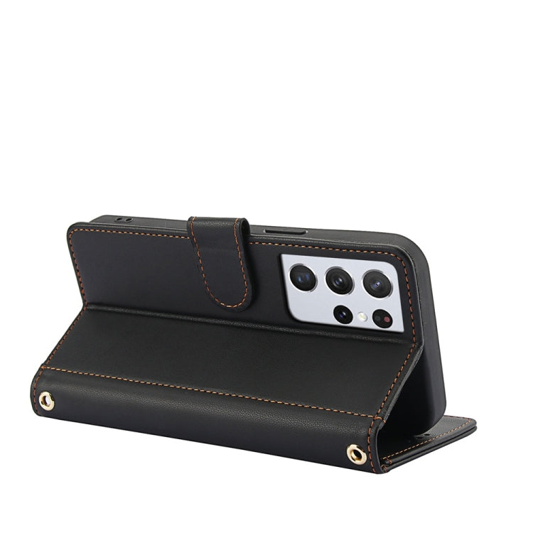 For Samsung Galaxy S21 Ultra 5G Skin Feel Pure Color Card Slots Leather Phone Case with Dual Lanyard