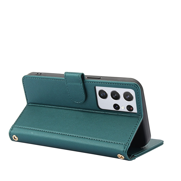 For Samsung Galaxy S21 Ultra 5G Skin Feel Pure Color Card Slots Leather Phone Case with Dual Lanyard