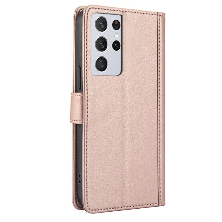 For Samsung Galaxy S21 Ultra 5G Skin Feel Pure Color Card Slots Leather Phone Case with Dual Lanyard