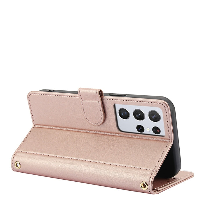 For Samsung Galaxy S21 Ultra 5G Skin Feel Pure Color Card Slots Leather Phone Case with Dual Lanyard