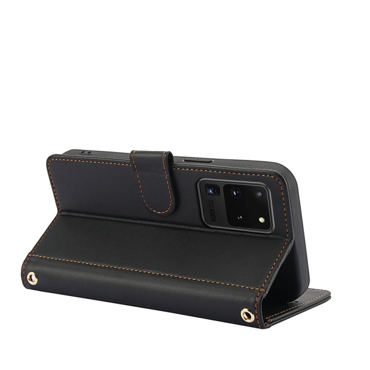 For Samsung Galaxy S20 Ultra Skin Feel Pure Color Card Slots Leather Phone Case with Dual Lanyard