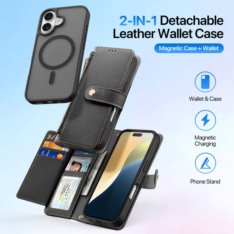 For iPhone 16 DUX DUCIS Lawa Series 2 in 1 Wallet Zipper Detachable MagSafe Phone Case with Lanyard