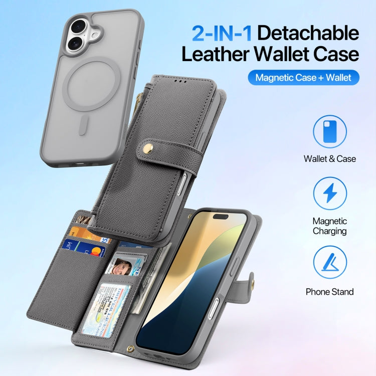 For iPhone 16 DUX DUCIS Lawa Series 2 in 1 Wallet Zipper Detachable MagSafe Phone Case with Lanyard