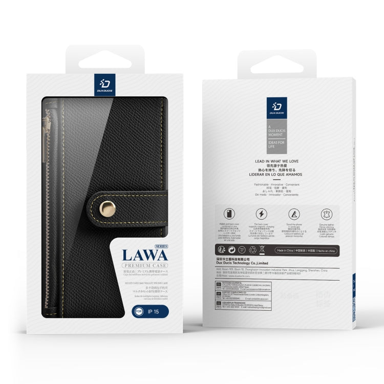 For iPhone 15 DUX DUCIS Lawa Series 2 in 1 Wallet Zipper Detachable MagSafe Phone Case with Lanyard