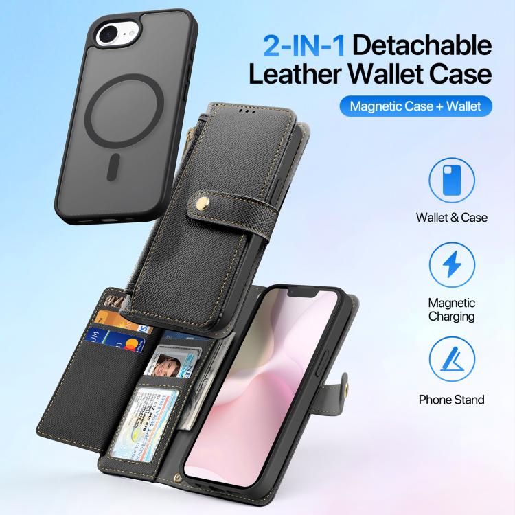 For iPhone 17e / 16e DUX DUCIS Lawa Series 2 in 1 Wallet Zipper Detachable MagSafe Phone Case with Lanyard
