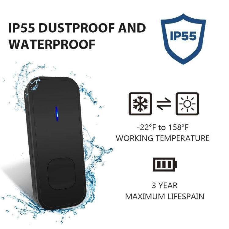 N15K-1T2-B 110dB IP55 Waterproof Wireless Doorbell, Receiver x 2 and Transmitter x 1, US Plug - Black