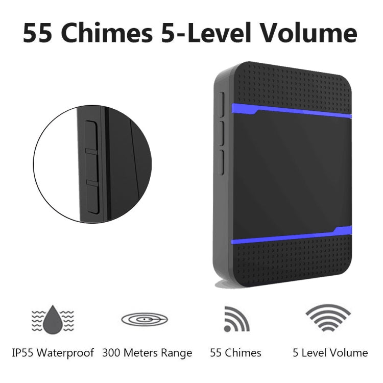 N15K-2T1-B 110dB IP55 Waterproof Wireless Doorbell, Receiver x 1 and Transmitter x 2, US Plug - Black