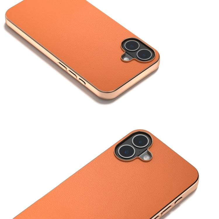 For iPhone 16 Plus PU Leather Electroplating Frame Full Coverage Phone Case