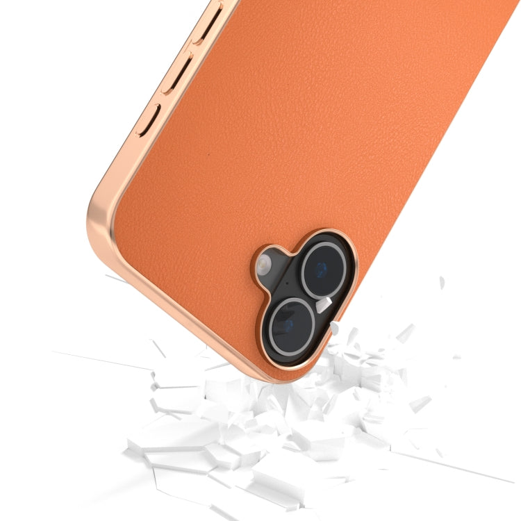For iPhone 16 Plus PU Leather Electroplating Frame Full Coverage Phone Case