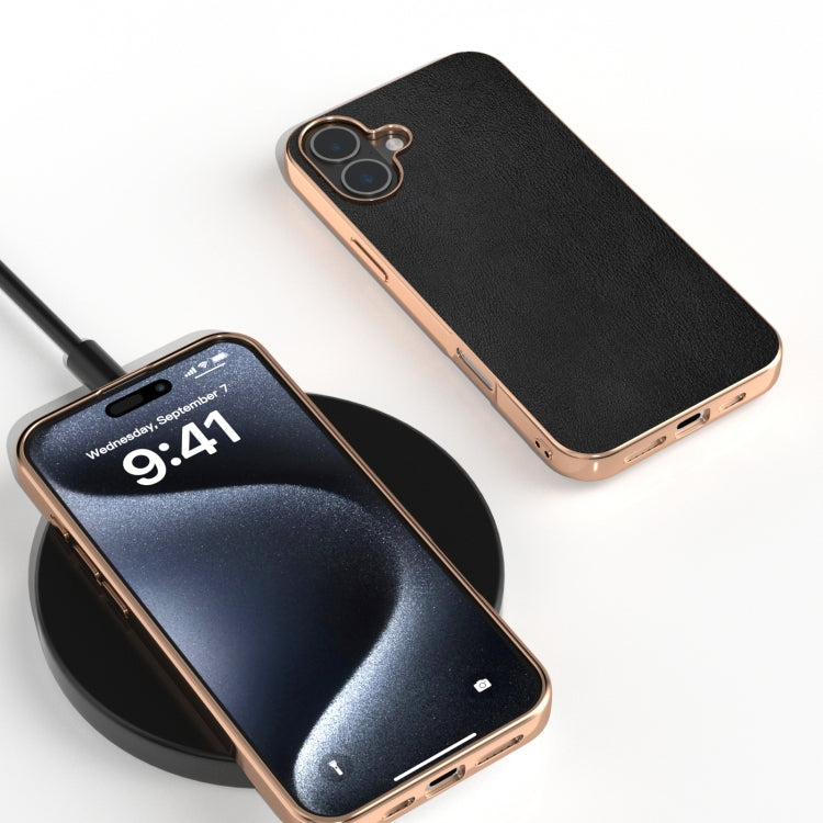 For iPhone 16 Plus PU Leather Electroplating Frame Full Coverage Phone Case
