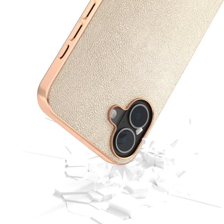 For iPhone 16 Plus PU Leather Electroplating Frame Full Coverage Phone Case